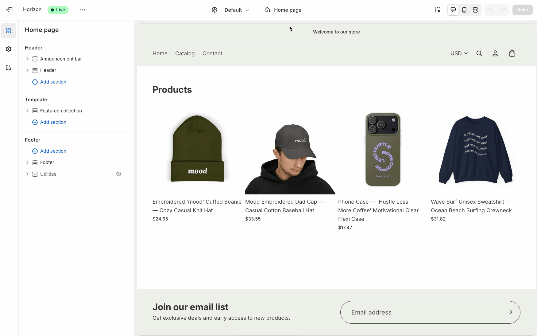 Default product page template being opened in the Shopify theme editor.