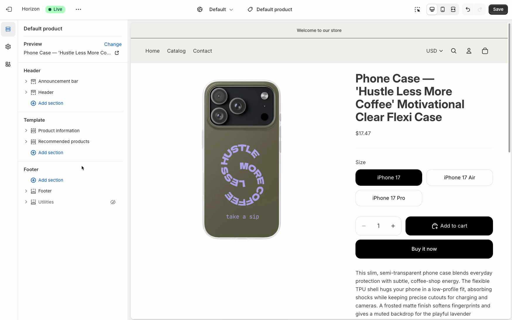 A personalization button being added to a default product page layout.