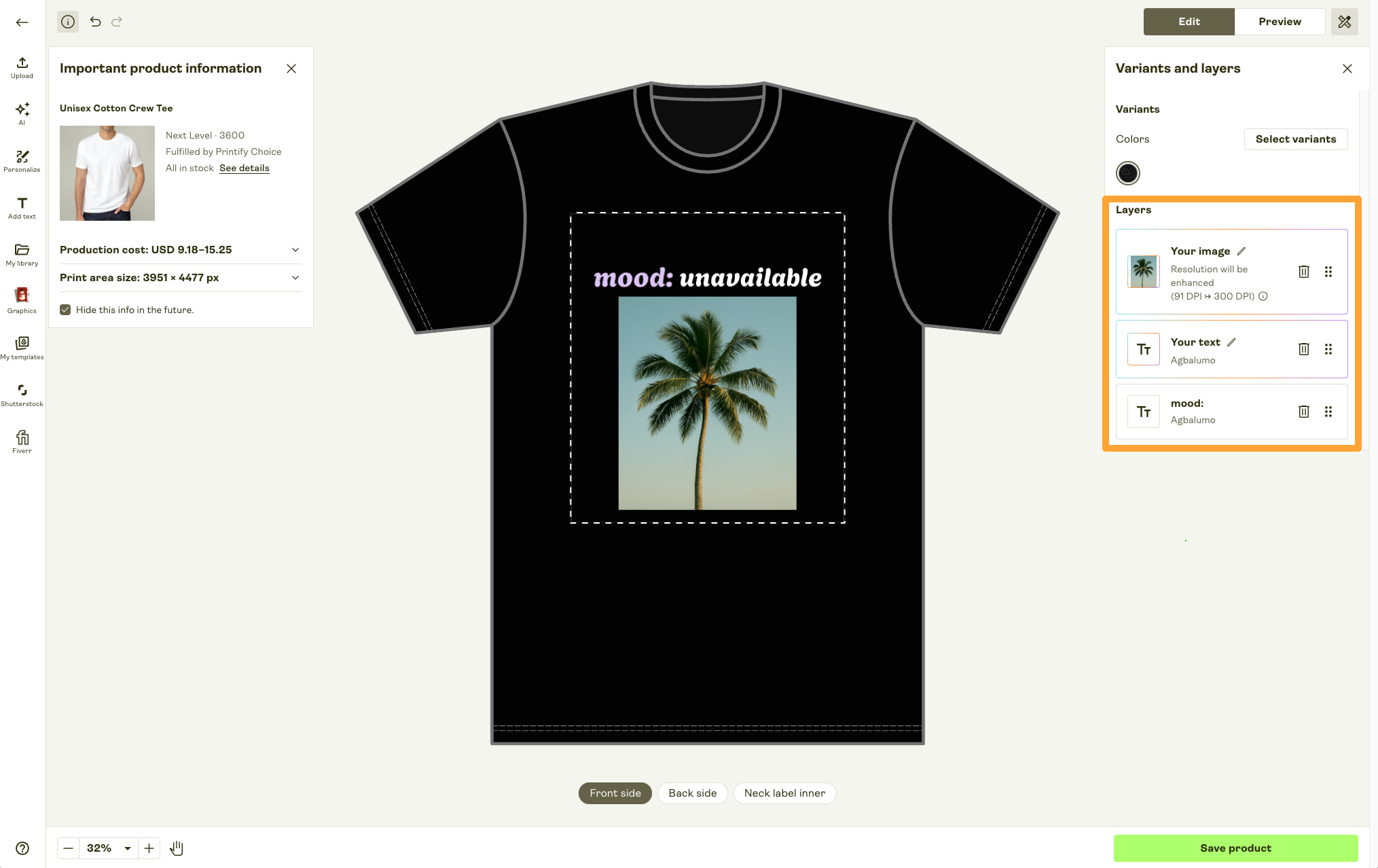 Text and image personalization layers being added to the t-shirt in the Product Creator.