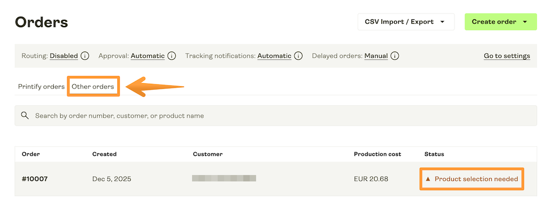 Other orders tab in the Orders section.