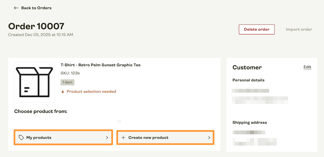 My products and Create new product buttons in the order view.
