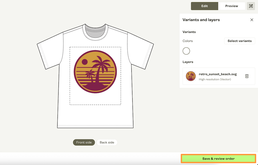 "Save & review order" button in the Product Creator.