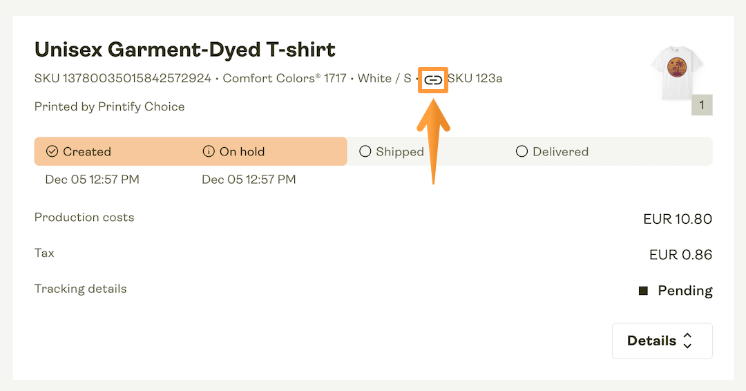 Chain link icon in the order view to unlink the product.