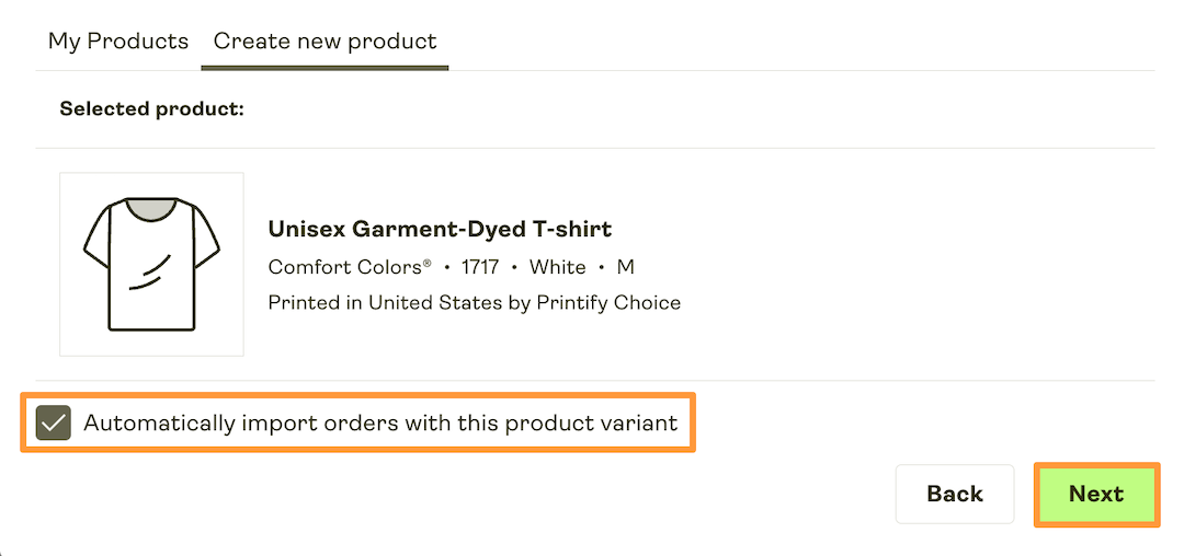 "Automatically import orders with this product variant" checkbox after selecting the product.