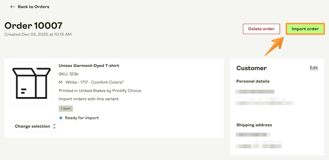 "Import order" button in the order view.