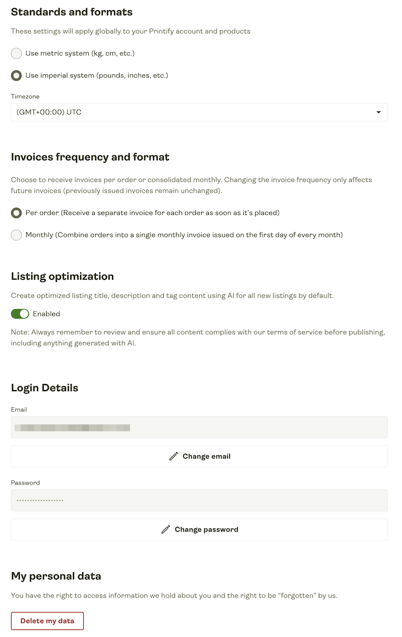 Settings menu for your Printify account.