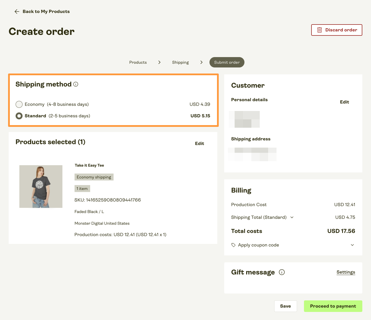 Before payment, choose the shipping method for the order.