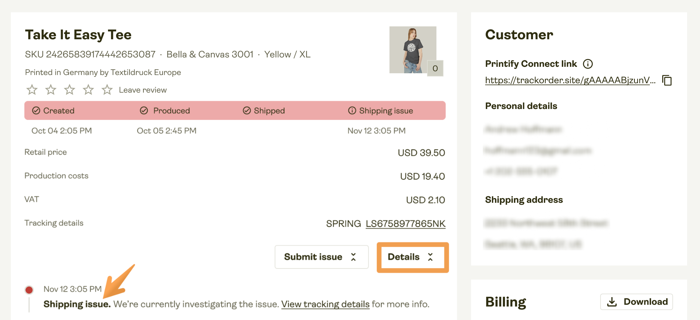 The order has encountered a shipping issue.
