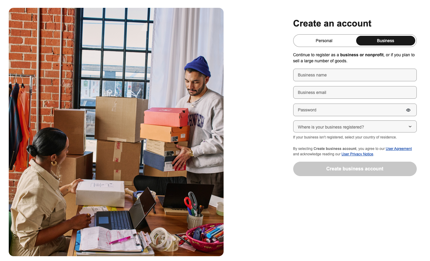 Sign up page for eBay.