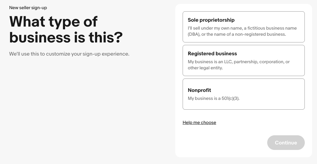 Business selection step in eBay registration.