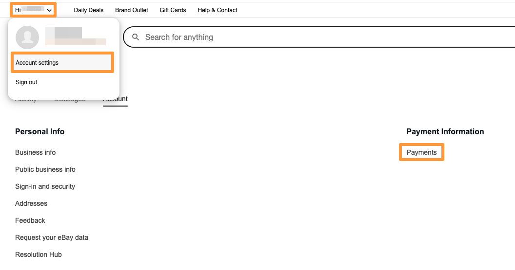 Payments settings in your eBay account.