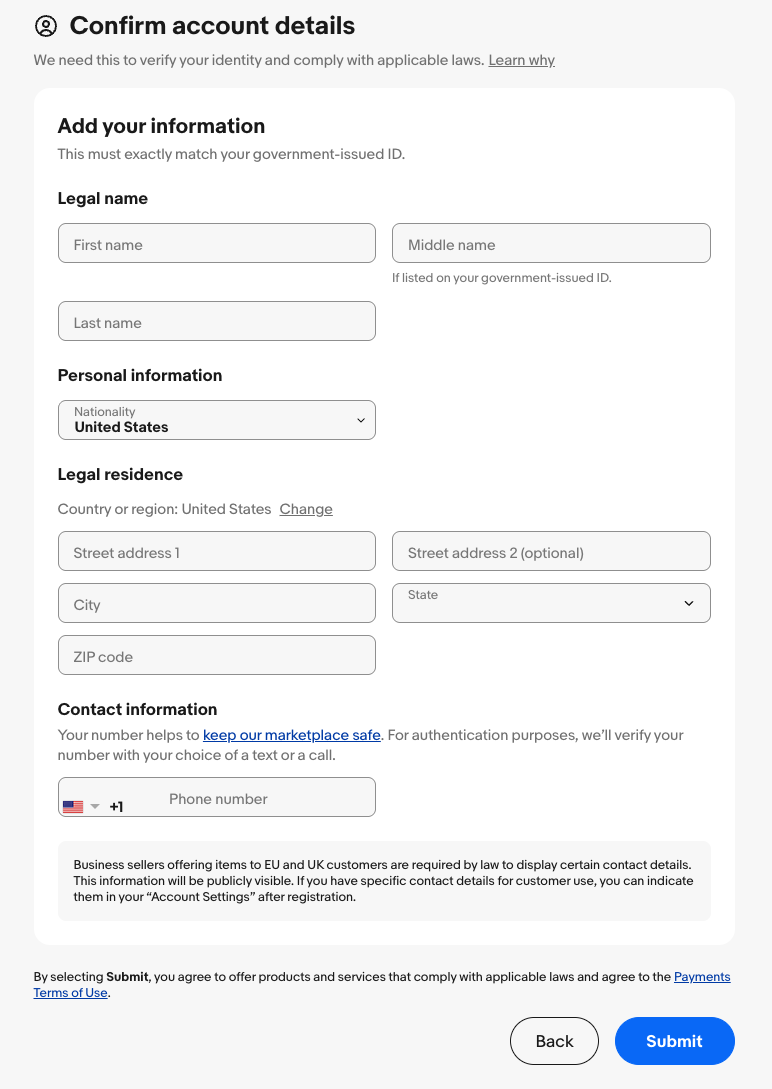 Account details step in ebay registration.