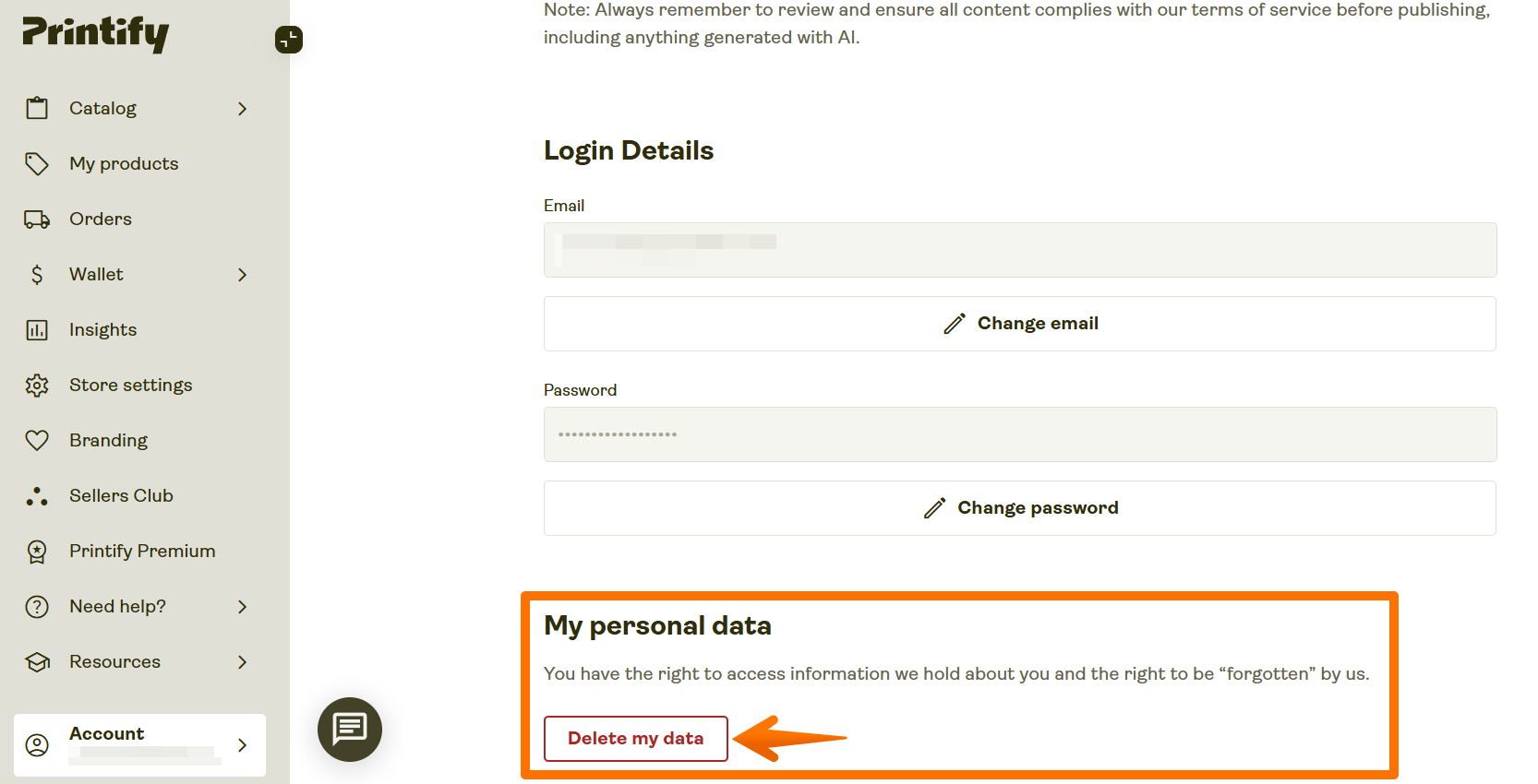 Screenshot of Account >Settings section, highlighting the "Delete my data" button.