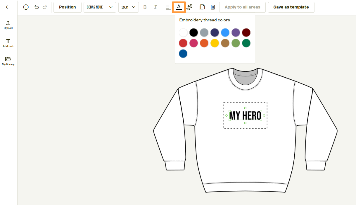 Embroidery text selected in the Printify Product Creator with the embroidery thread color picker open in the top toolbar.