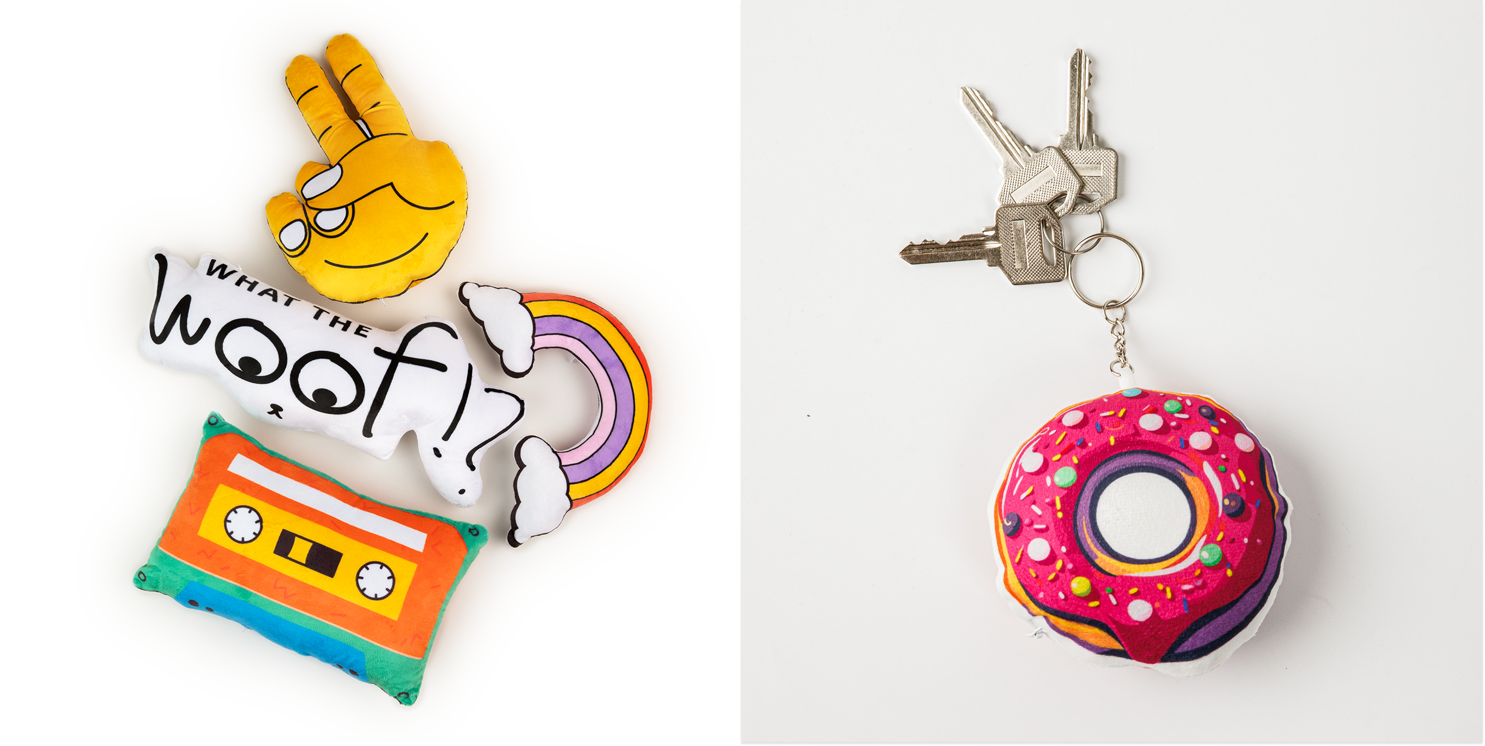 Product preview mockups: Custom Shaped Pillows on the left, Mini Plush Keychain on the right. 