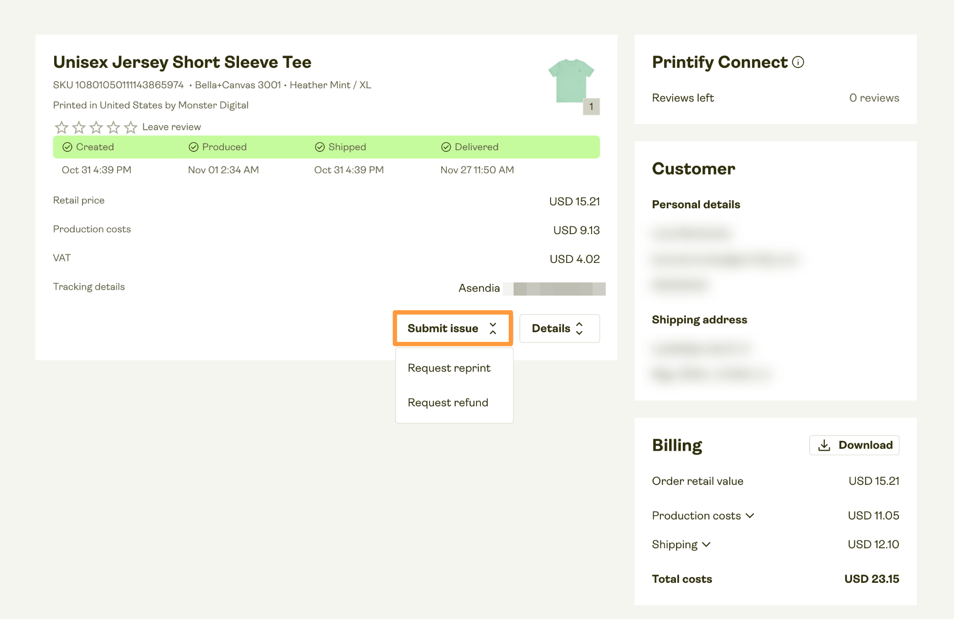 An image showing where to report a problem with an order.