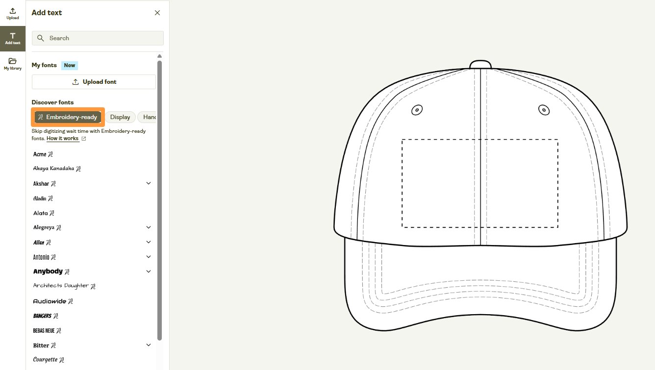 Embroidery Ready font filter shown in the text tool of the Product Creator.