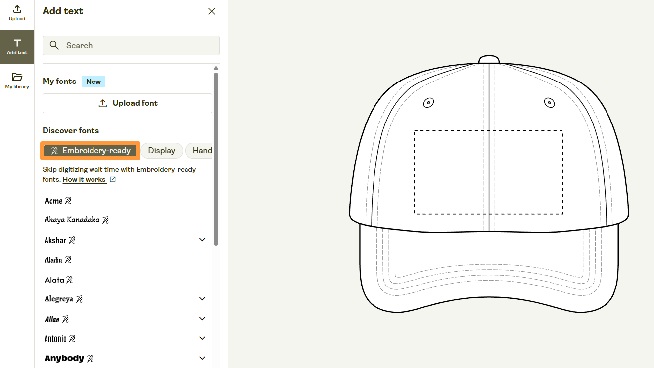 Embroidery Ready font filter shown in the text tool of the product Creator.