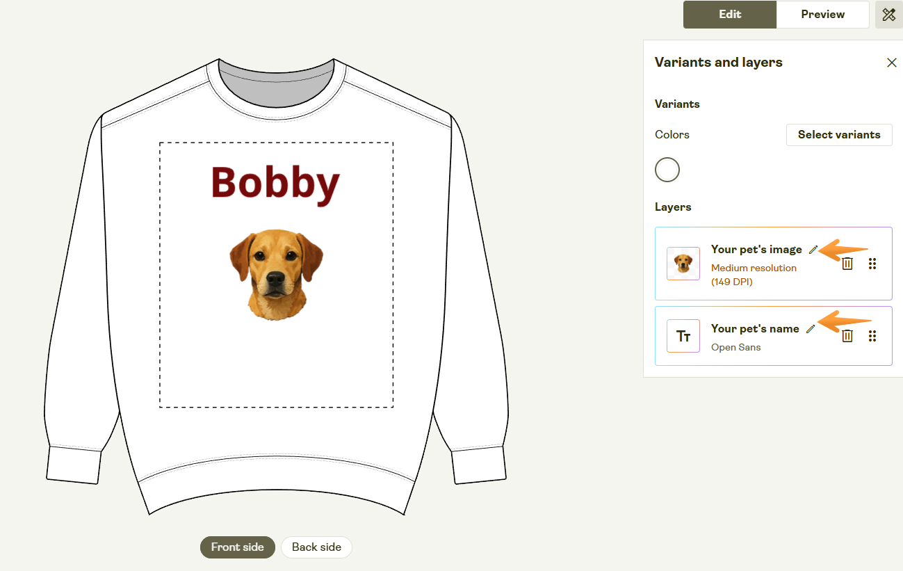 Renamed personalizable image and text layers in the Product Creator.