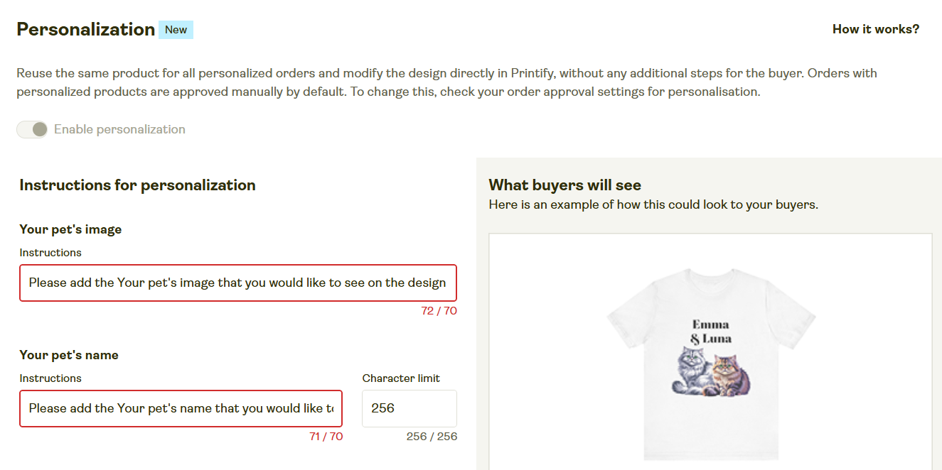 Buyer instructions and character limits for personalization fields.