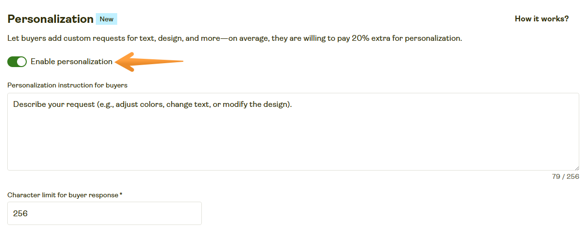 Enable personalization toggle turned on in the product listing settings.