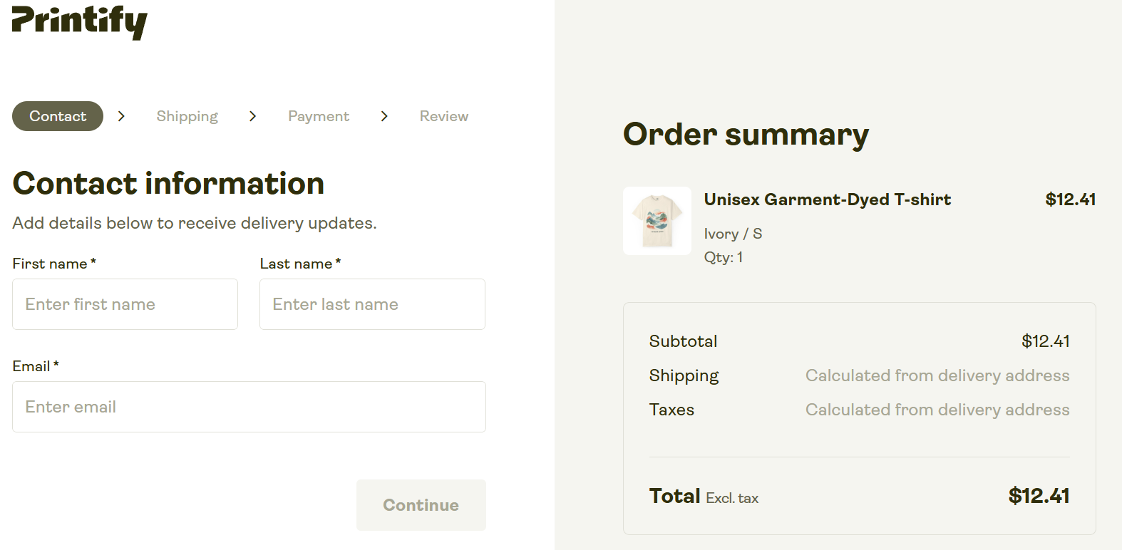 Printify checkout page showing the contact information form and order summary.
