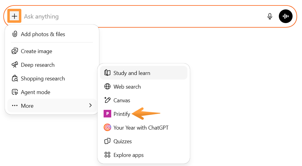 The + menu in ChatGPT showing the Printify app.