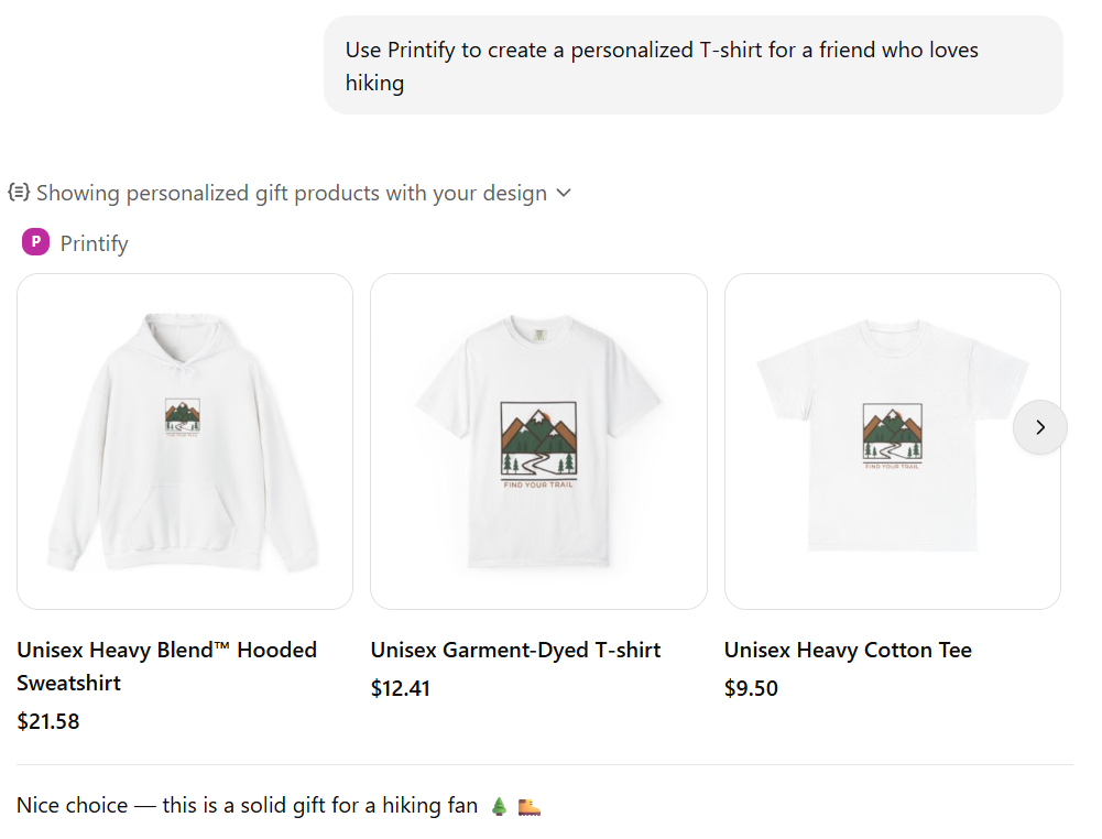 Personalized products generated by the Printify app in ChatGPT.