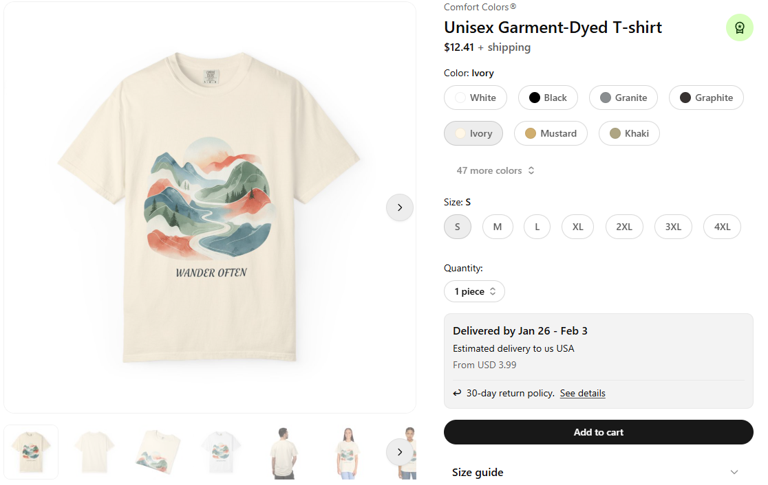 Product page showing a T-shirt with the generated design and customization options.