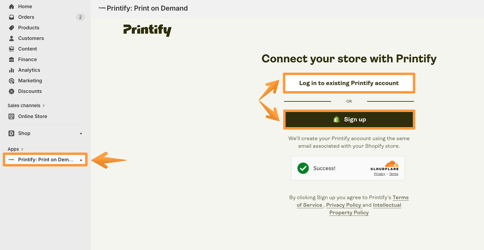Printify app view in Shopify.