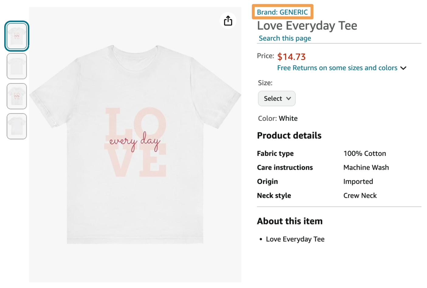 An Amazon product listing with "Generic" as brand name.
