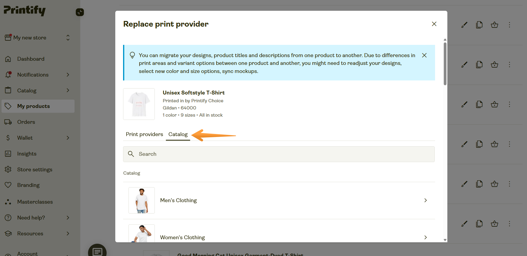 Replace window with the Catalog tab selected for choosing a different product.