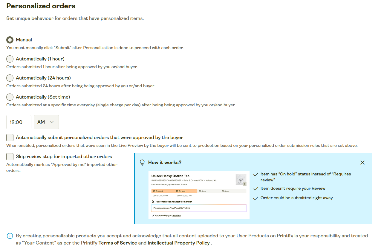 Store settings showing personalized order approval options, including manual and automatic submission.