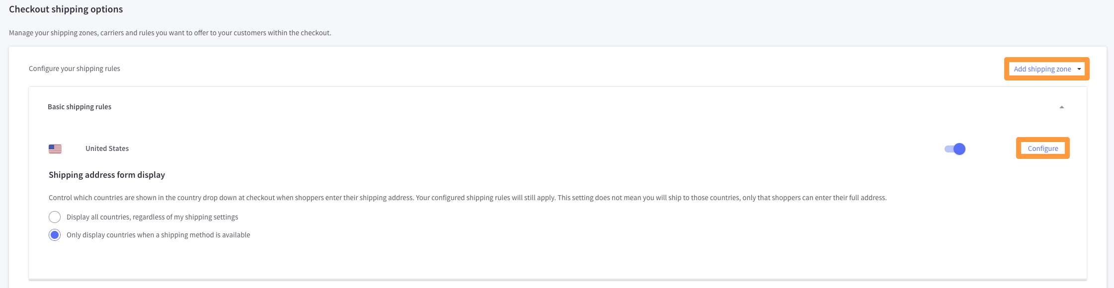 Shipping zone menu in BigCommerce.