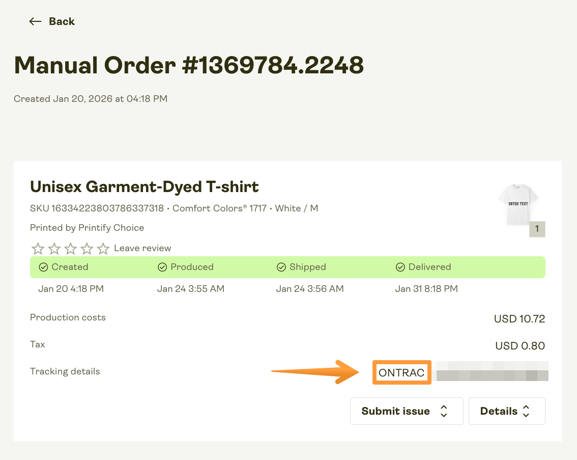 Tracking information and the carrier name.
