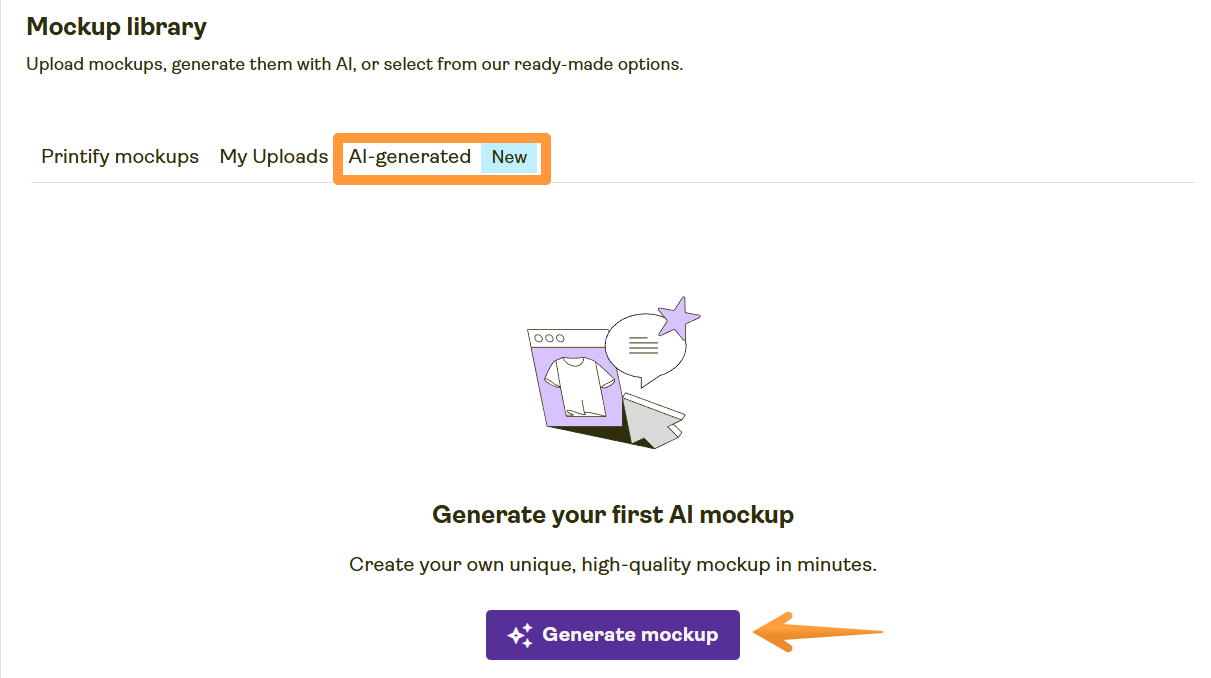 The AI-generated tab in the Printify Mockup library with a Generate mockup button for creating the AI mockup.