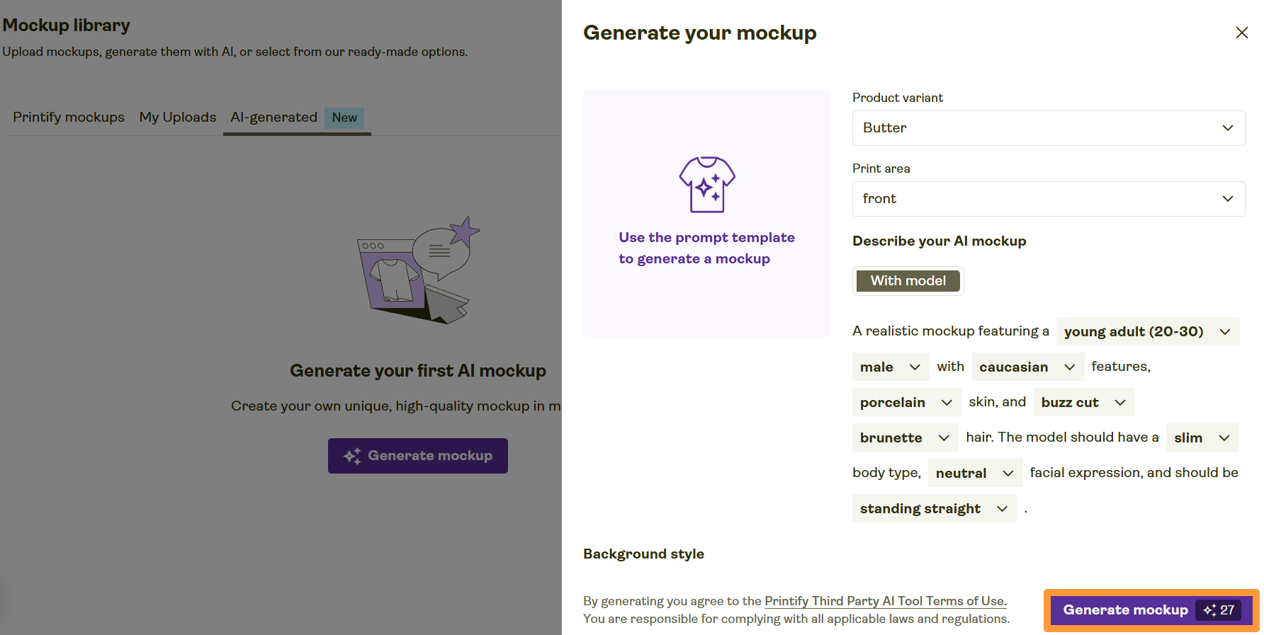 The Generate your mockup panel in Printify with AI mockup settings, background options, and the Generate mockup button.