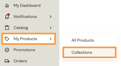 Collections tab selection from My Products dropdown menu.