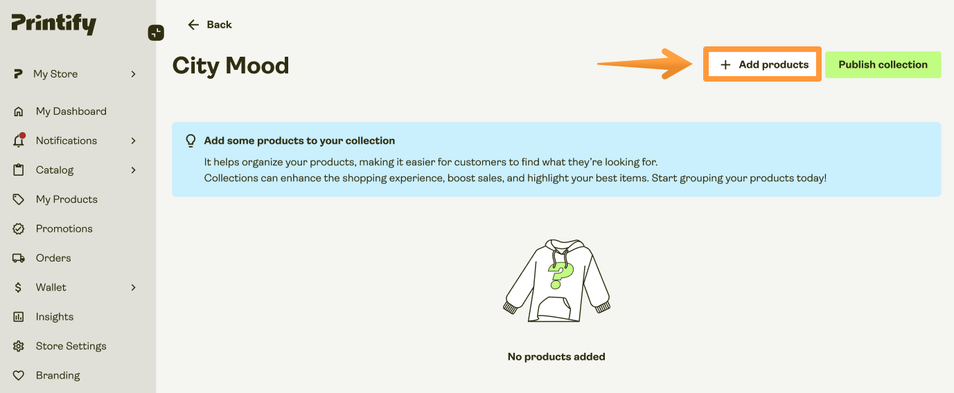 Add products button in a collection's edit view.