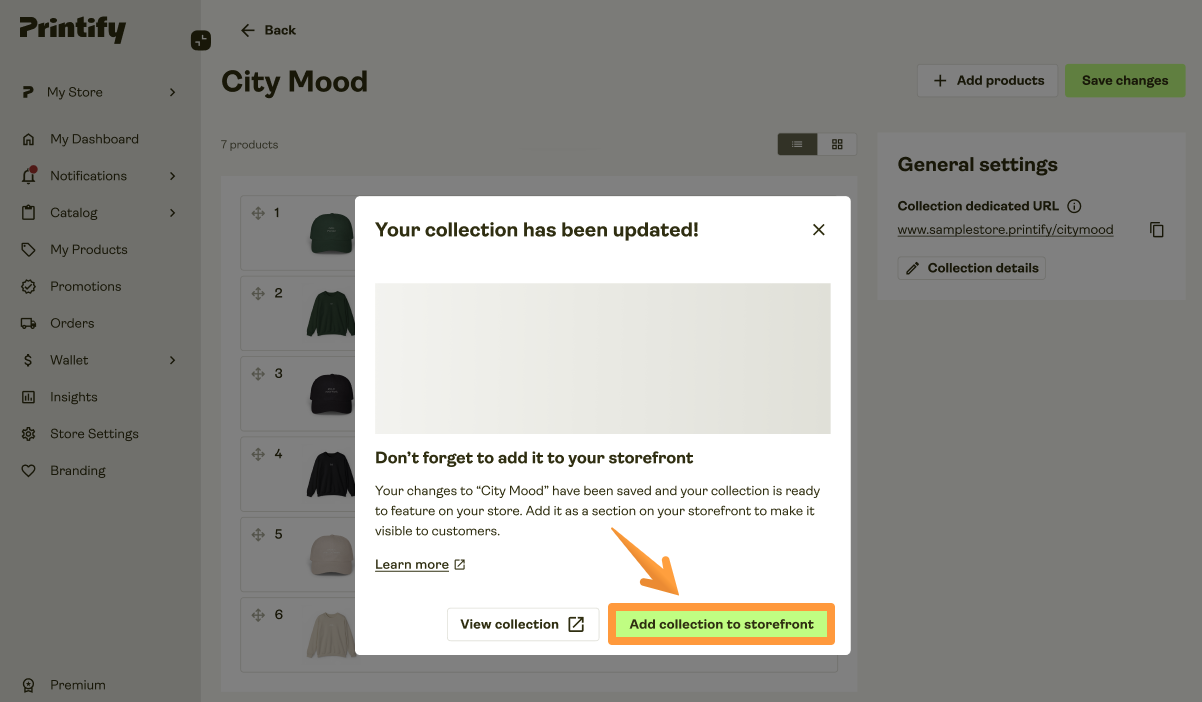 Reminder prompt to add collection to storefront from Store Builder.