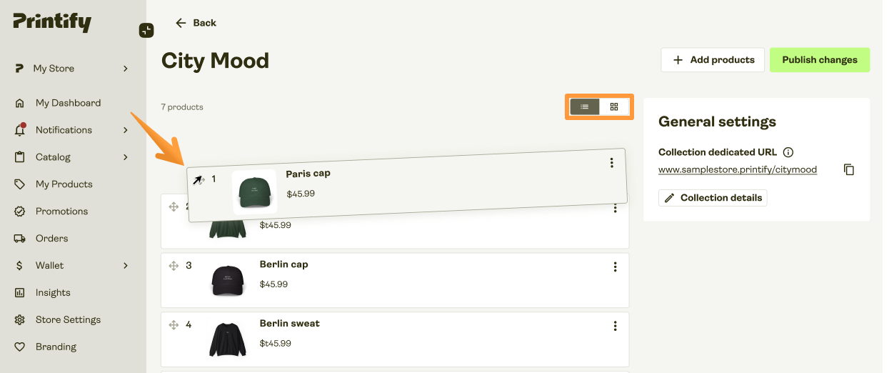 Drag button and list/larger image view selection in a collection's edit view.