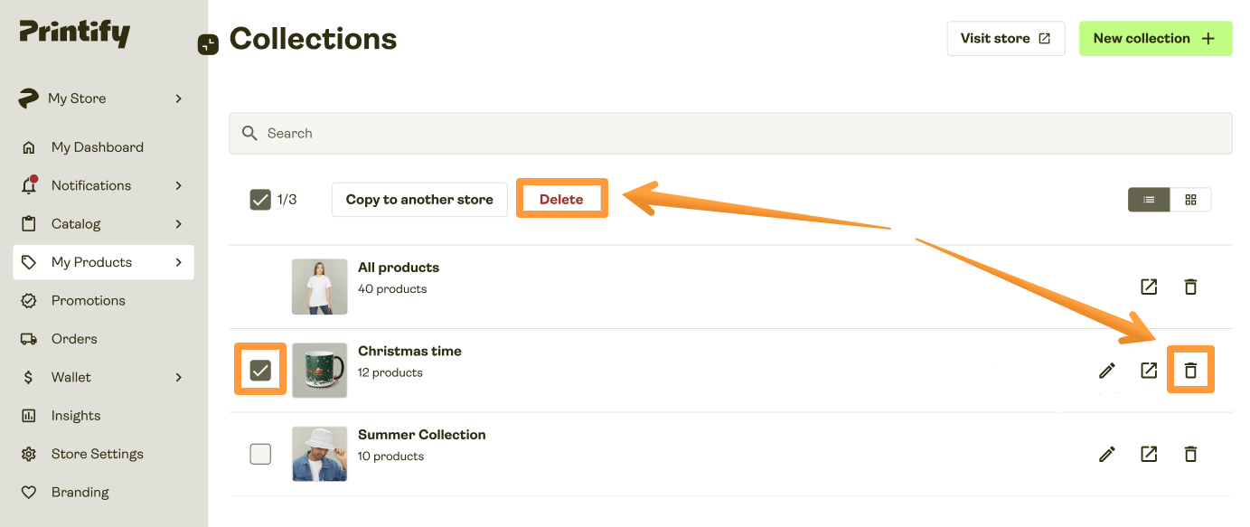 Delete button and trash icon in the Collections tab.