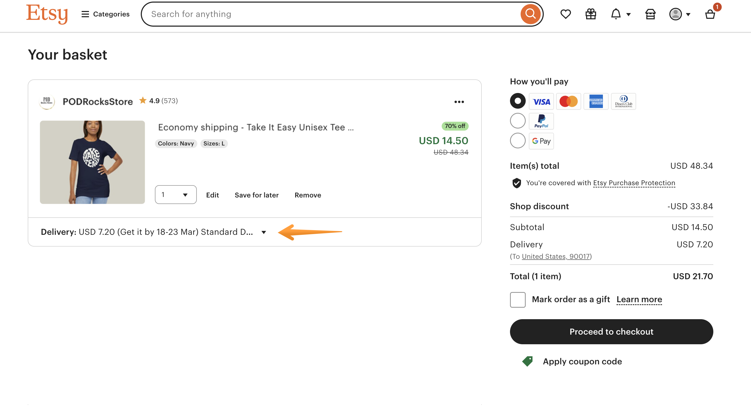 The chosen item has been added to the cart, and now the customer can select a payment method.