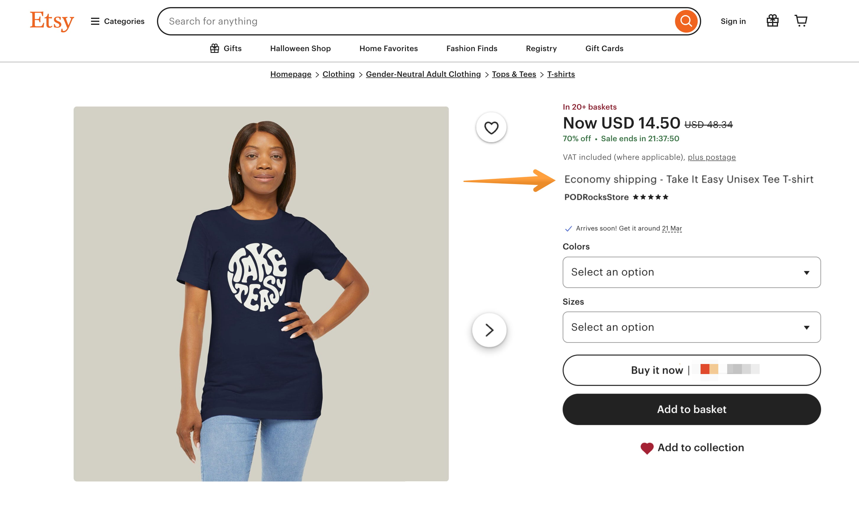 Economy Shipping option is indicated when the customer is choosing the size and color of the product.