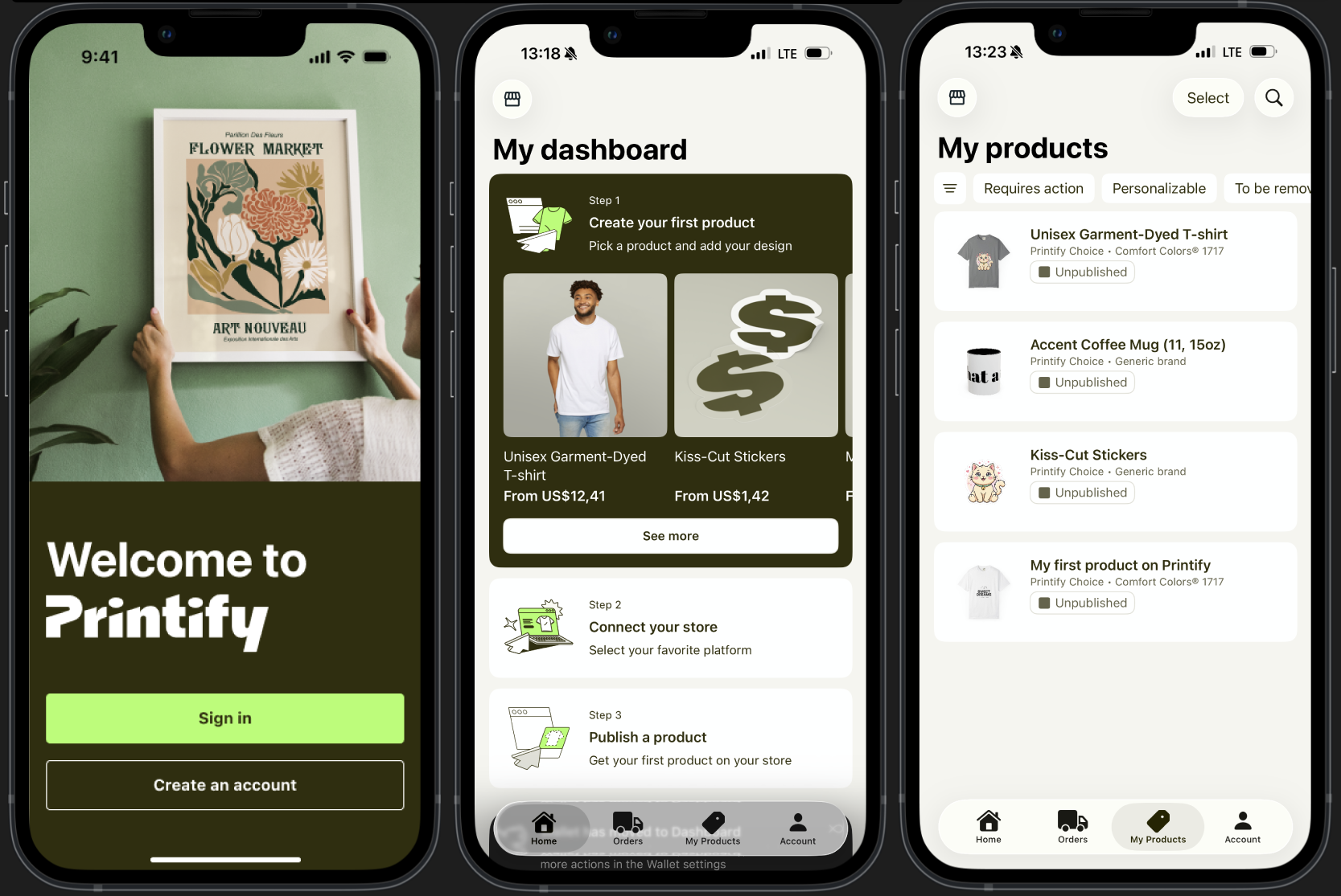 Previews of the Printify Order Managemnt iOS app.