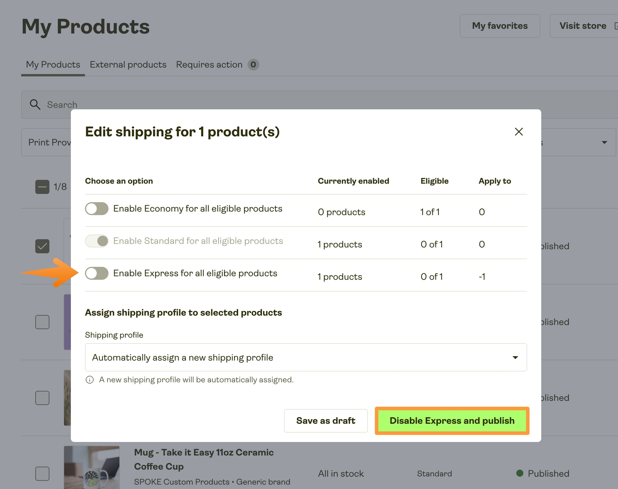 Express Delivery can be deactivated by clicking Edit Shipping for the relevant product.
