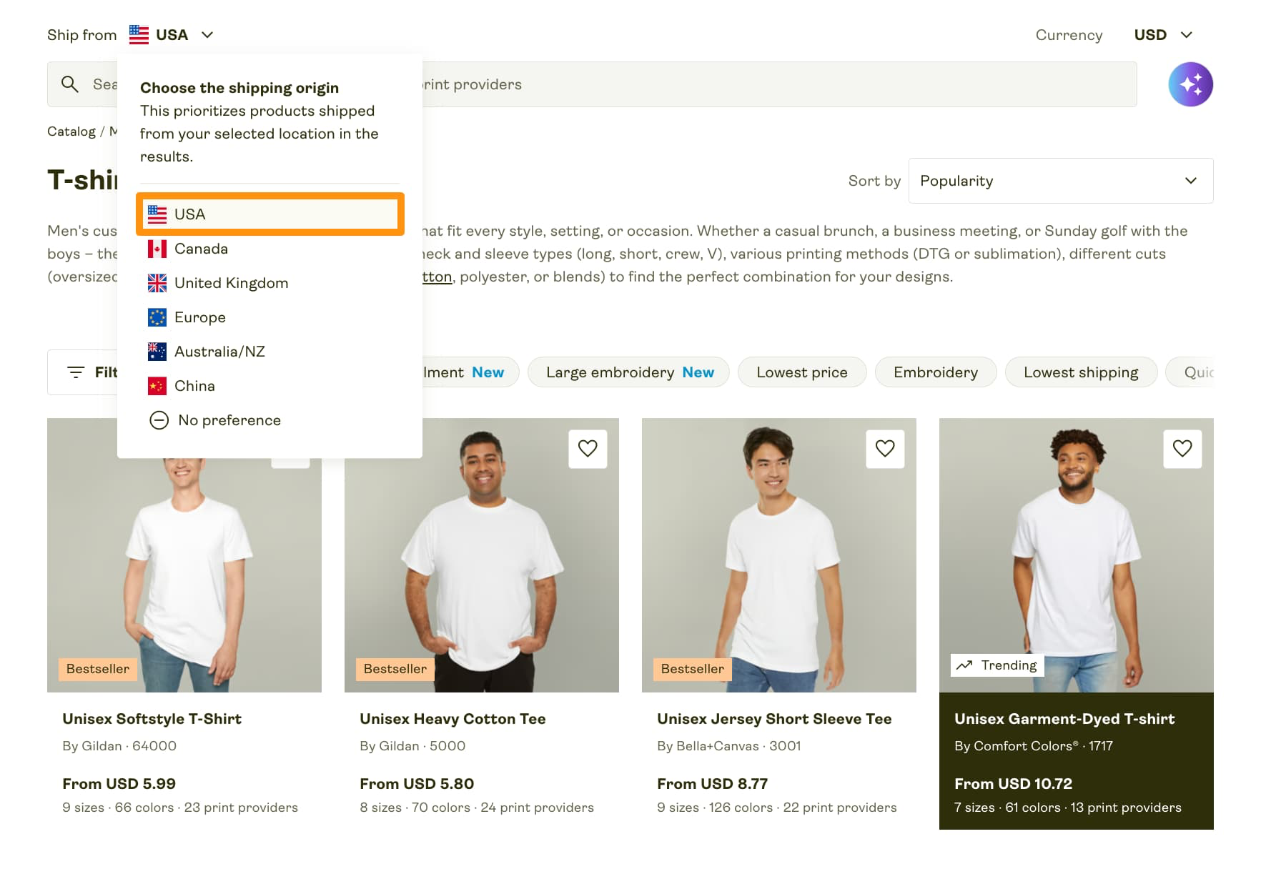 Select “USA” as your “Ship from” region (target market) in the Catalog.