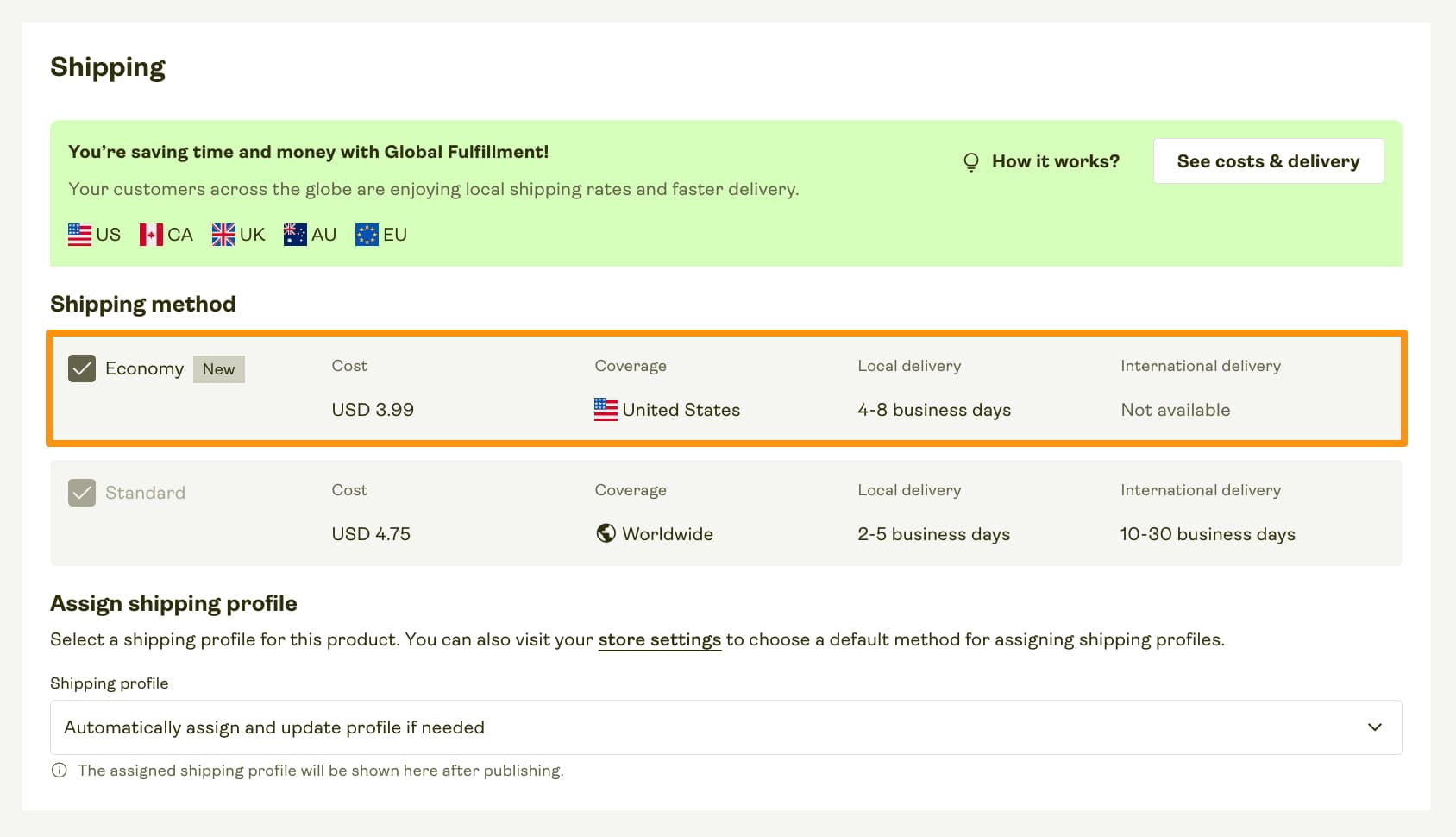 Select Economy Shipping in the Shipping section.