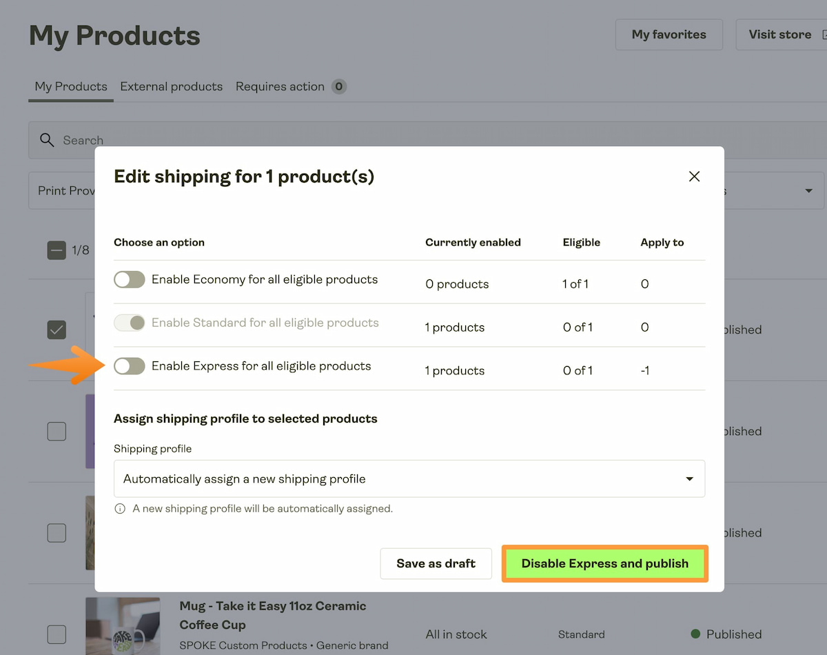 Express Delivery can be deactivated by clicking Edit Shipping for the relevant product.