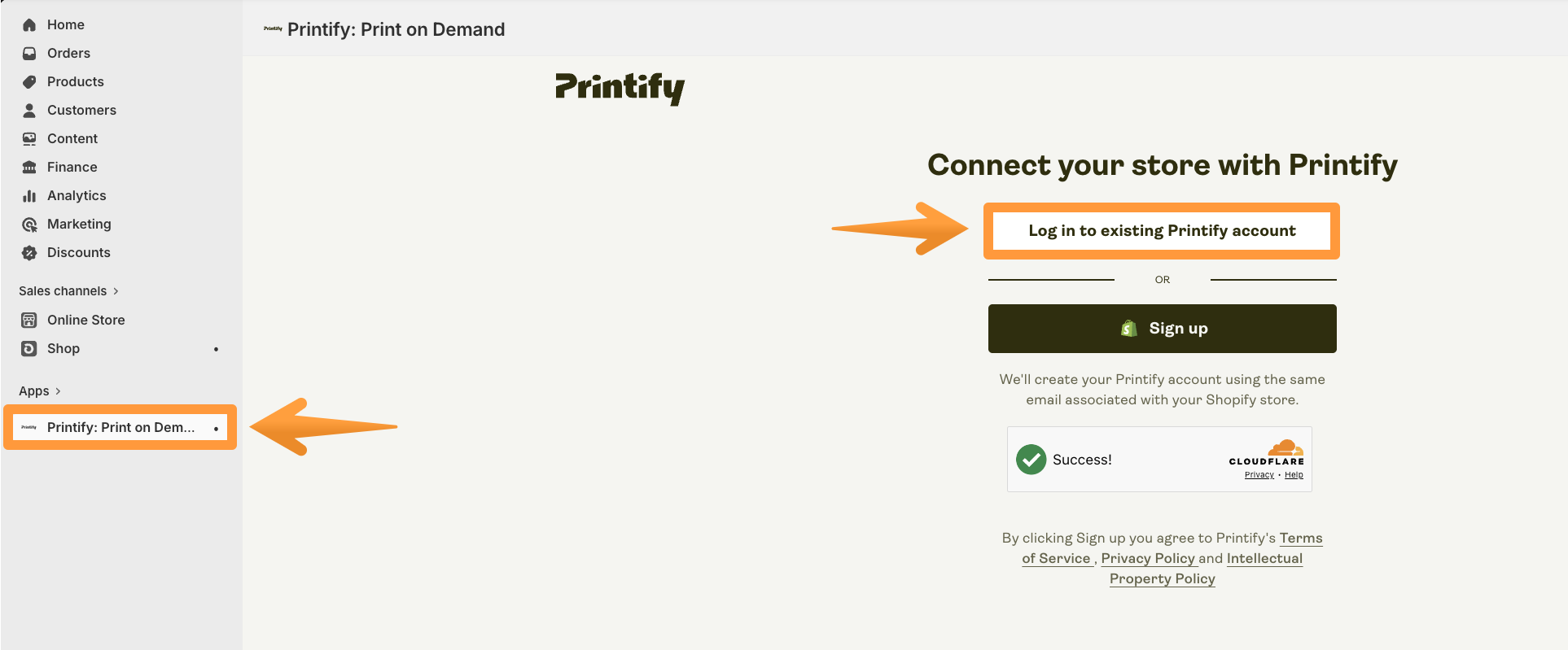 Printify log in screen in Printify app embed view.